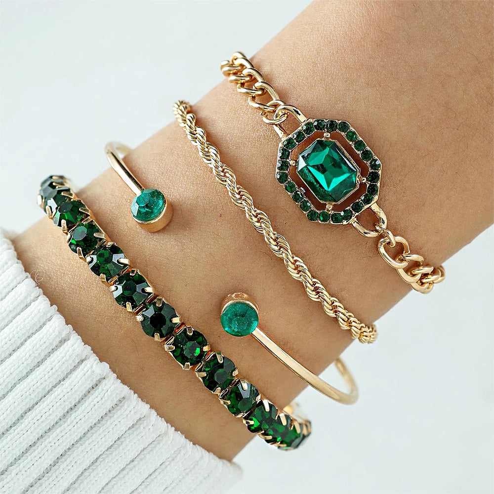 Lot de 4 bracelets tendance en métal et strass, imitation serpent, pour femme, idéal comme cadeau d'anniversaire ou de fête