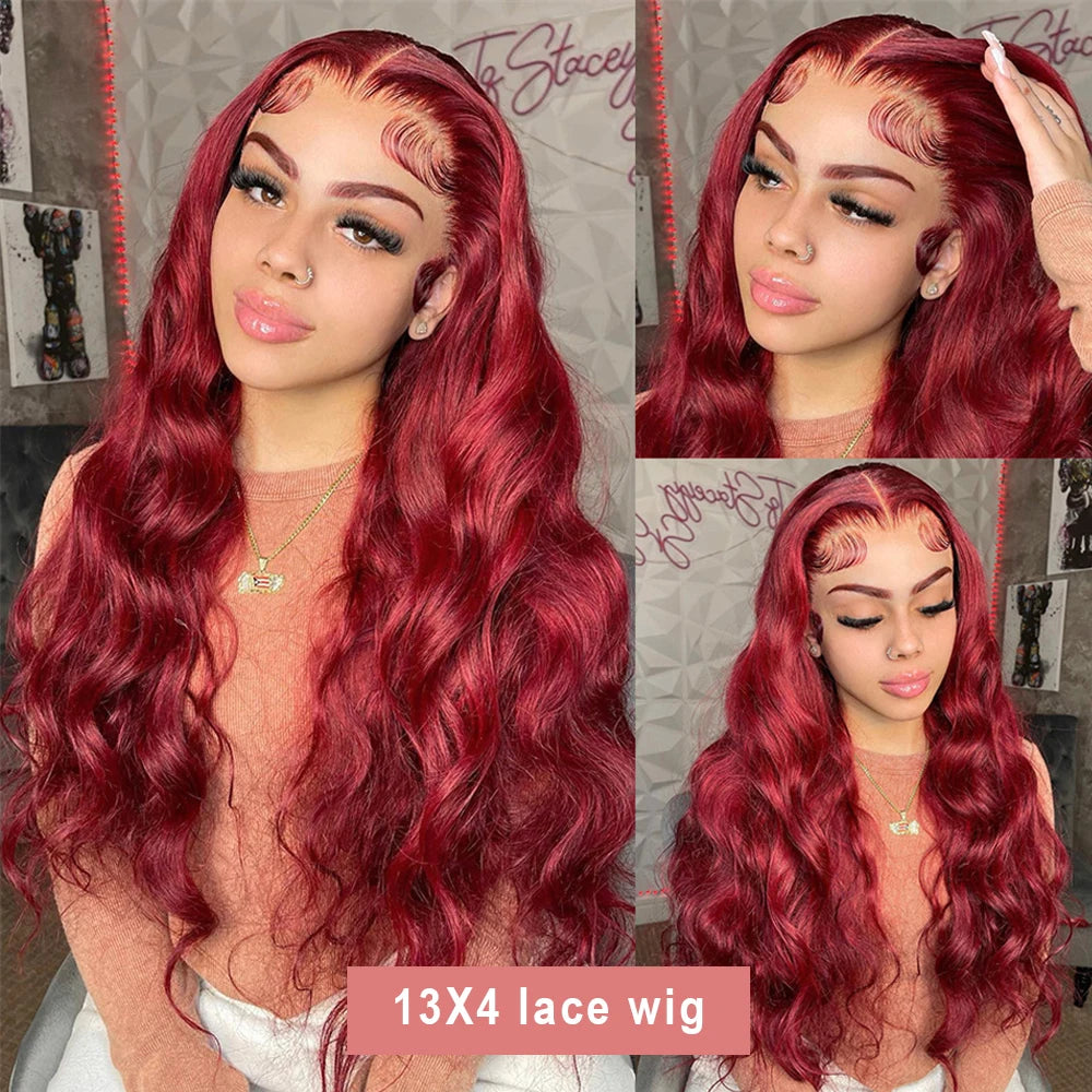 Perruque brésilienne Remy en cheveux humains ondulés bordeaux 99J, 13x6, avec dentelle frontale transparente, couleur rouge, pour femmes