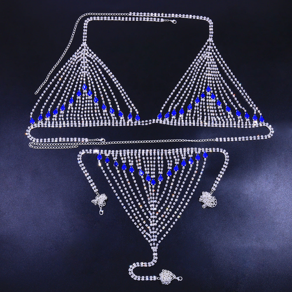 Chaîne de poitrine en strass saphir, bijoux de corps