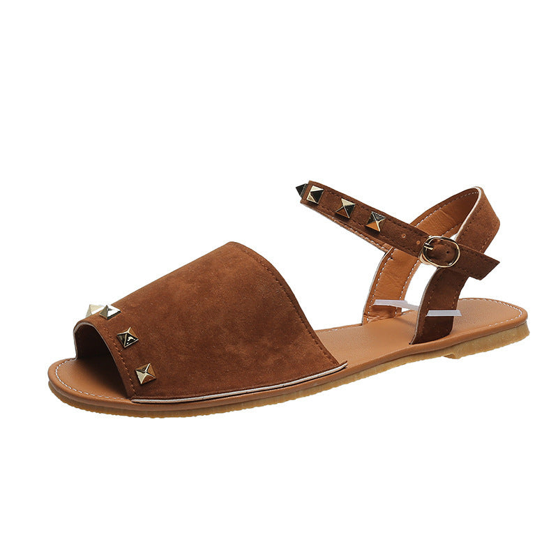 Sandales à rivets pour femmes, chaussures d'été plates à bouche de poisson, chaussures de plage