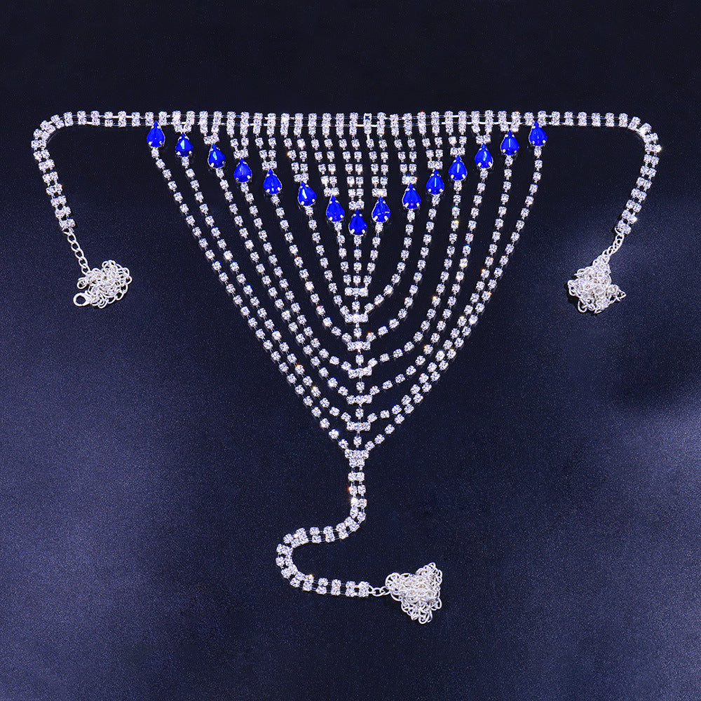 Chaîne de poitrine en strass saphir, bijoux de corps