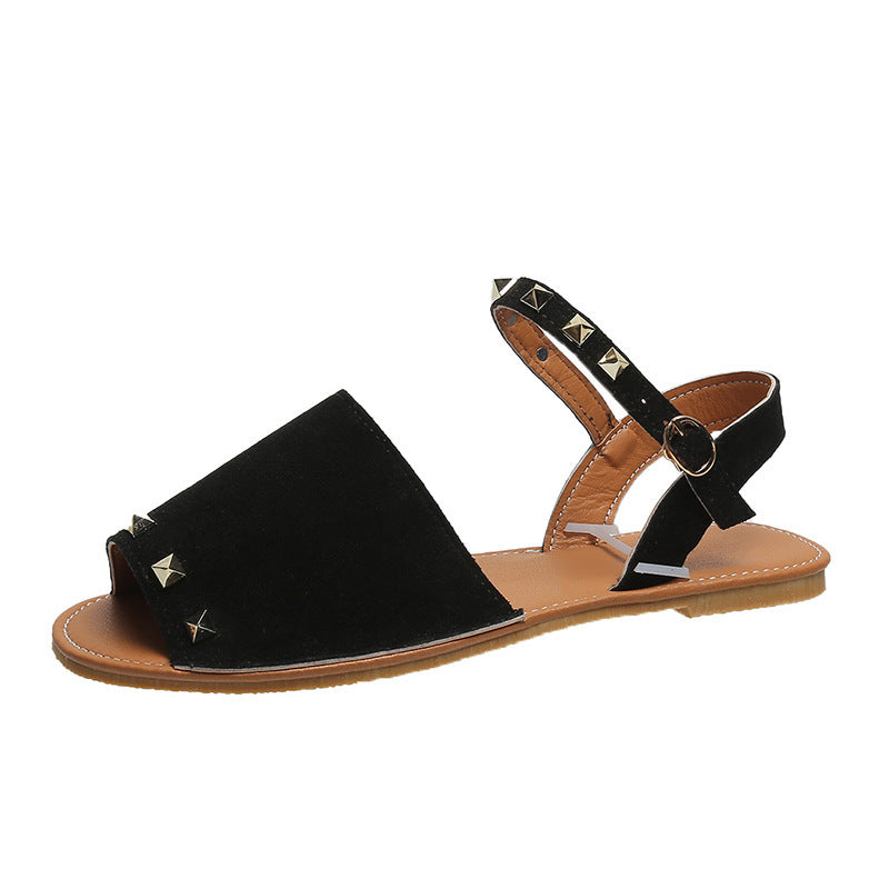 Sandales à rivets pour femmes, chaussures d'été plates à bouche de poisson, chaussures de plage