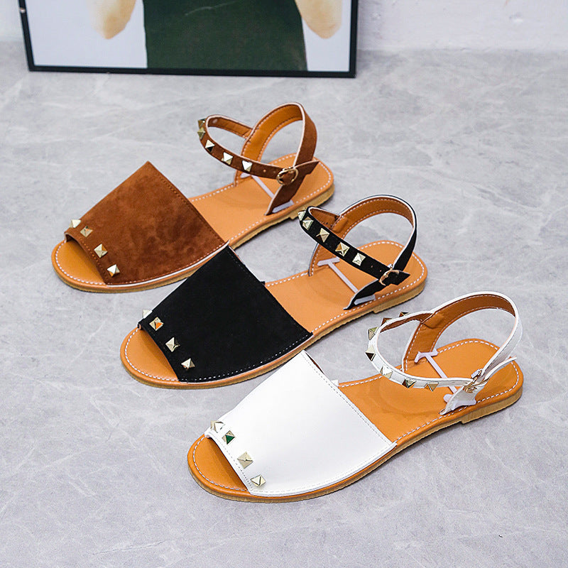 Sandales à rivets pour femmes, chaussures d'été plates à bouche de poisson, chaussures de plage