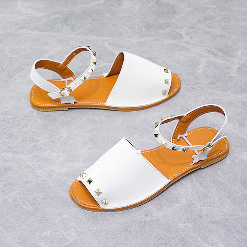 Sandales à rivets pour femmes, chaussures d'été plates à bouche de poisson, chaussures de plage
