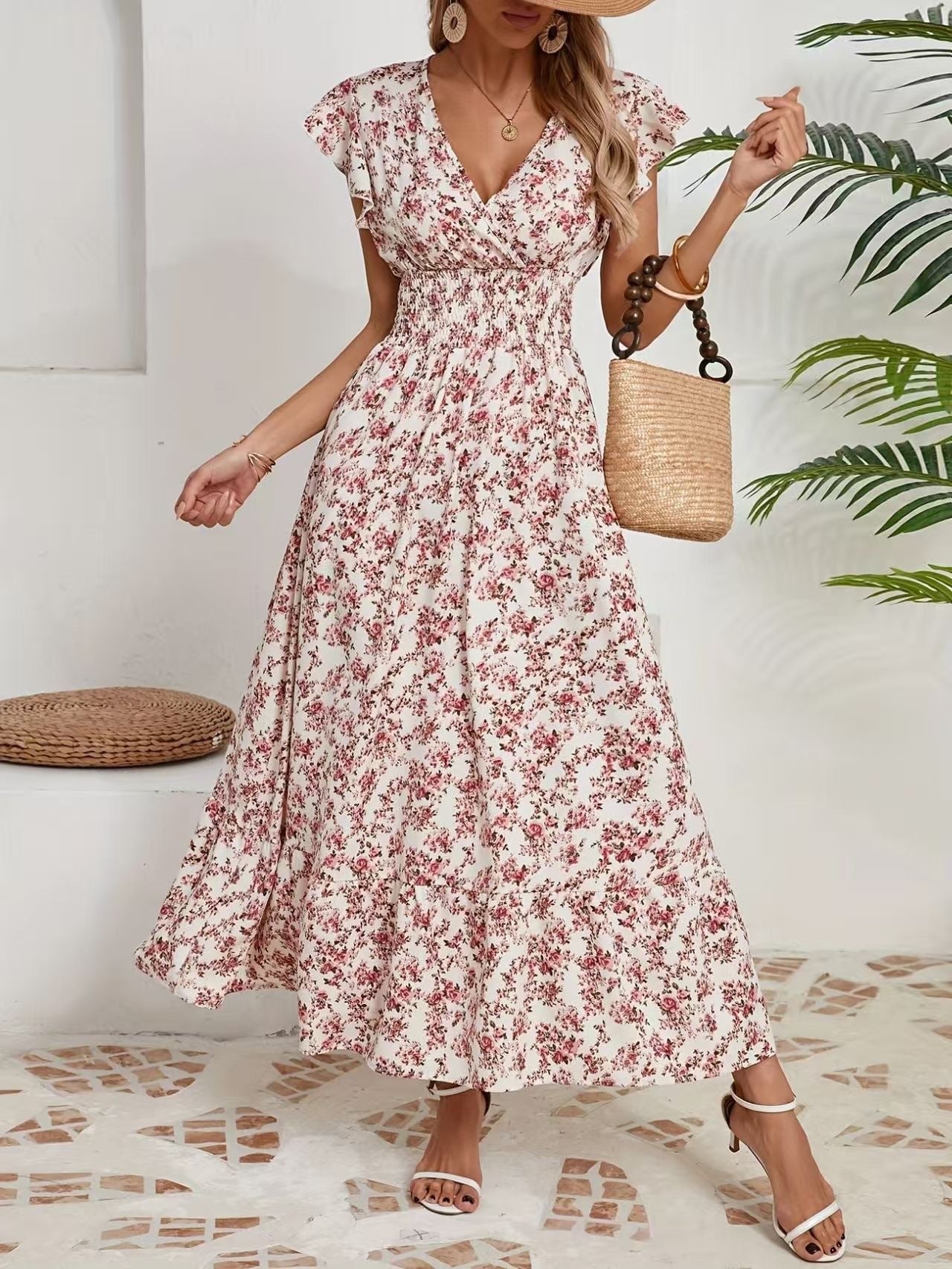 Robe trapèze à manches longues et motif floral tendance