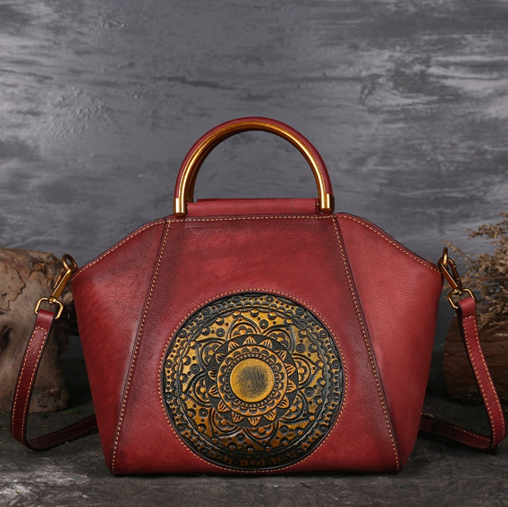 Sac à main rétro en cuir véritable gaufré, sacoche à poignée supérieure, motif totem, peau naturelle de haute qualité, pour femme
