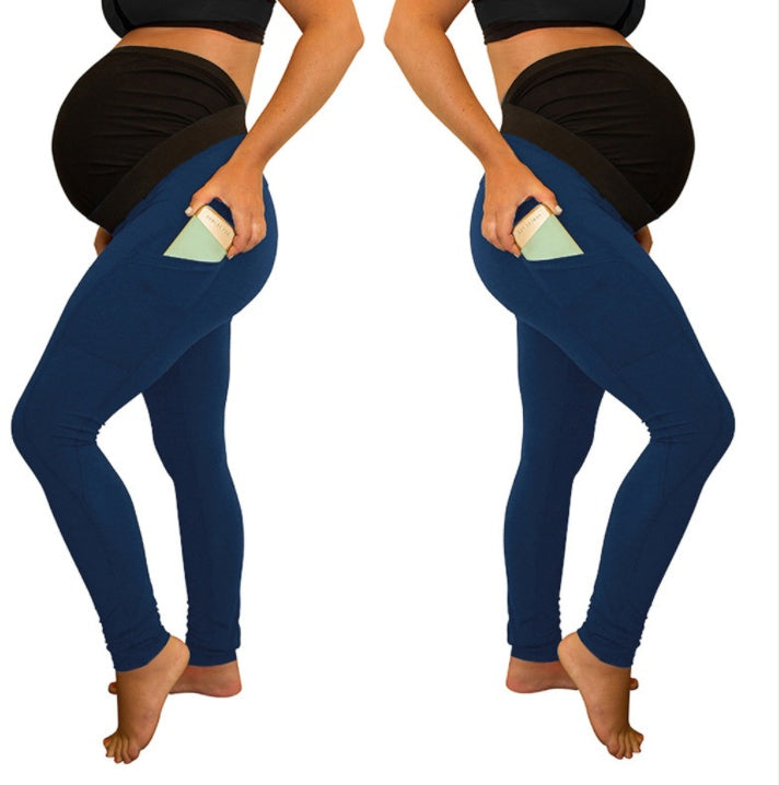 Pantalon de maternité à panneau de couleur pure, taille longue et haute, avec poches latérales