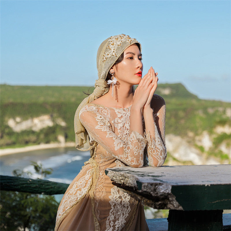 Robe de vacances ethnique à col licou pour femme, jupe longue en mousseline de soie et dentelle, idéale pour les voyages et les photos