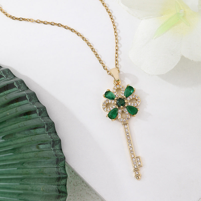 Collier rétro créatif pour femme avec clé et fleur