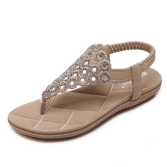 Sandales japonaises d'été pour femmes, chaussures plates brodées avec strass, grande taille