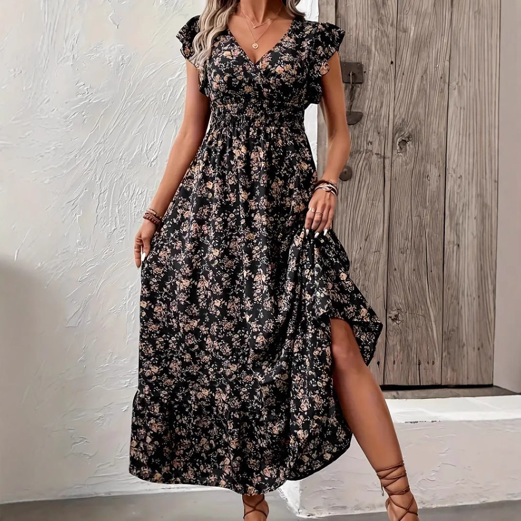 Robe trapèze à manches longues et motif floral tendance