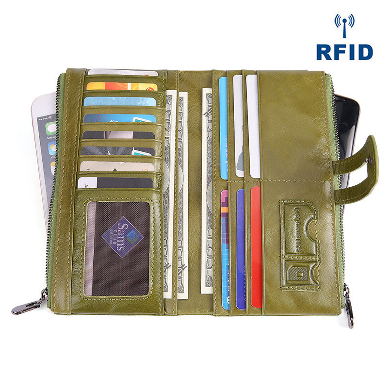 Portefeuille rétro en cuir pour femme, long et tendance, avec porte-monnaie RFID