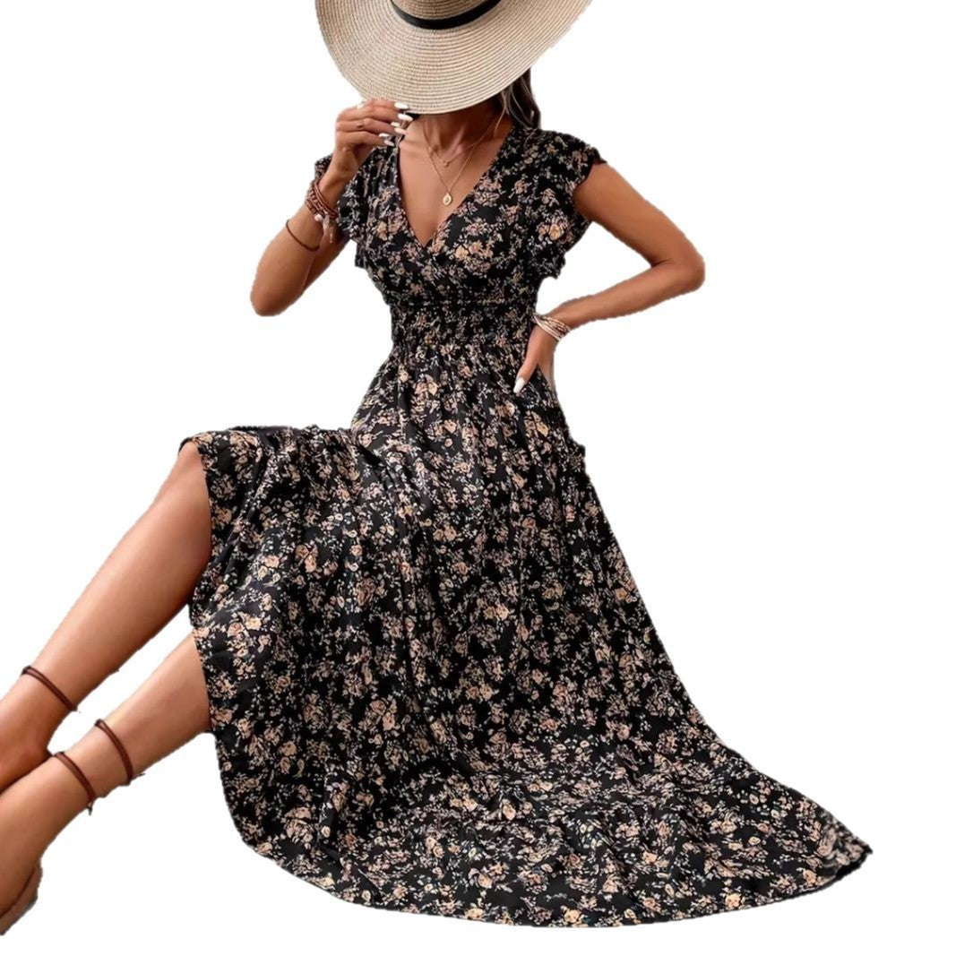 Robe trapèze à manches longues et motif floral tendance