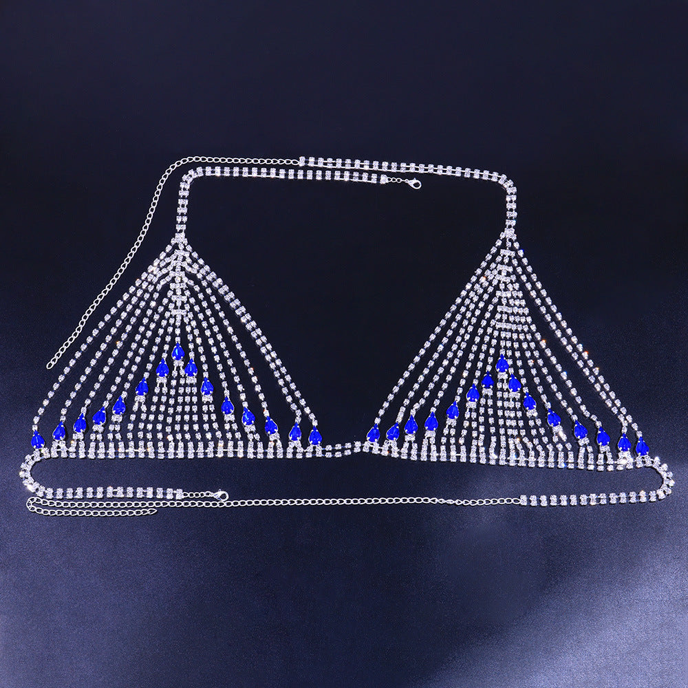 Chaîne de poitrine en strass saphir, bijoux de corps