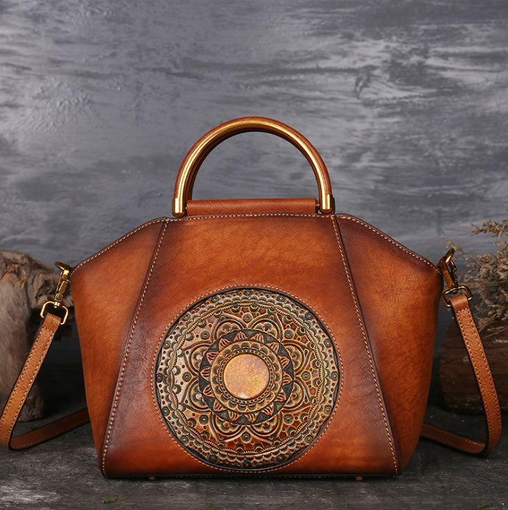 Sac à main rétro en cuir véritable gaufré, sacoche à poignée supérieure, motif totem, peau naturelle de haute qualité, pour femme