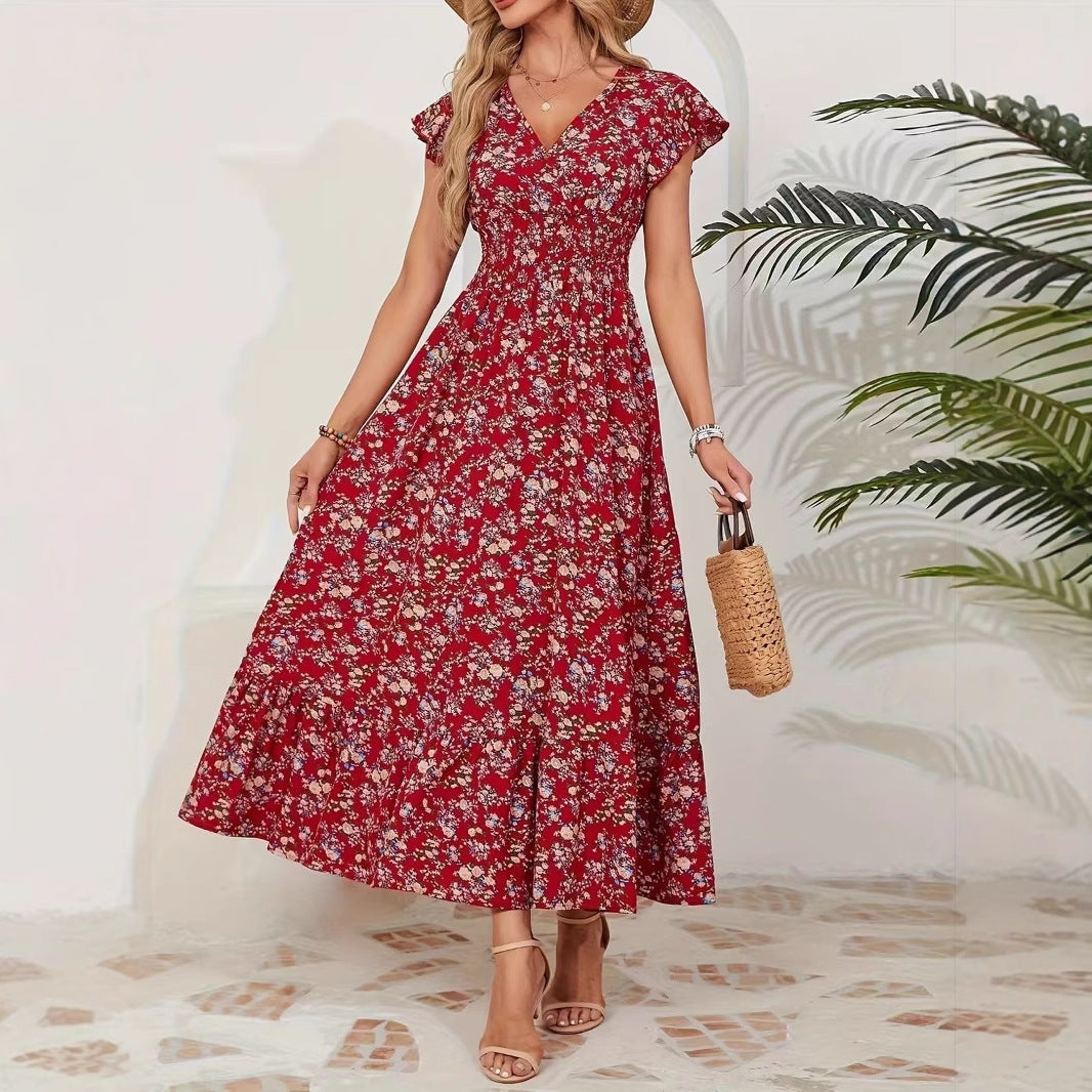 Robe trapèze à manches longues et motif floral tendance