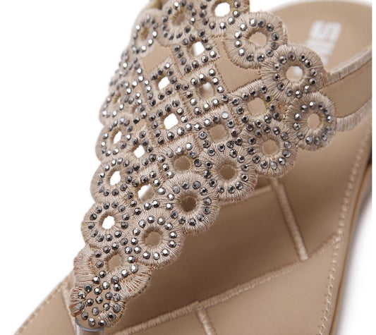Sandales japonaises d'été pour femmes, chaussures plates brodées avec strass, grande taille