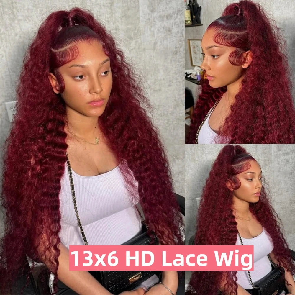 Perruques de cheveux humains bouclés bordeaux haute densité 13x6 HD, couleur bordeaux 99J, 76 cm, pour femmes