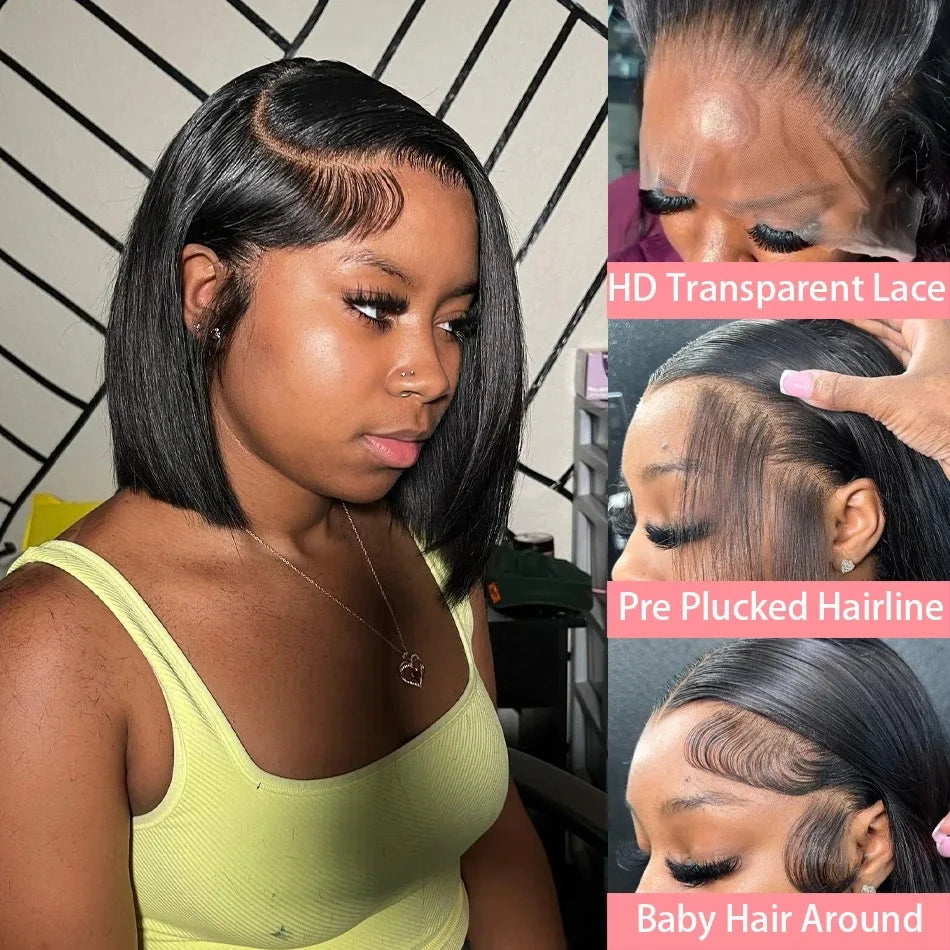 Perruque en dentelle HD lisse 13x6, cheveux humains, coupe au carré, fermeture 6x6, sans colle, 13x4, dentelle frontale pré-épilée, densité 200, pour femmes