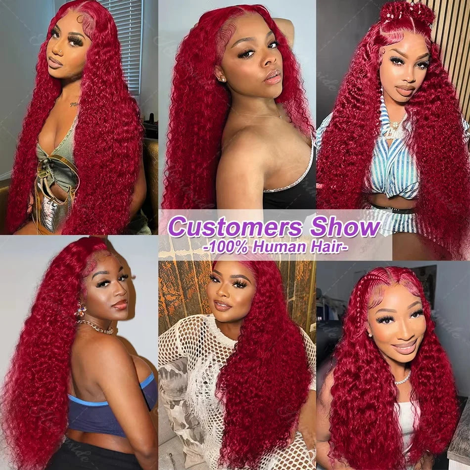 Perruques de cheveux humains bouclés bordeaux haute densité 13x6 HD, couleur bordeaux 99J, 76 cm, pour femmes