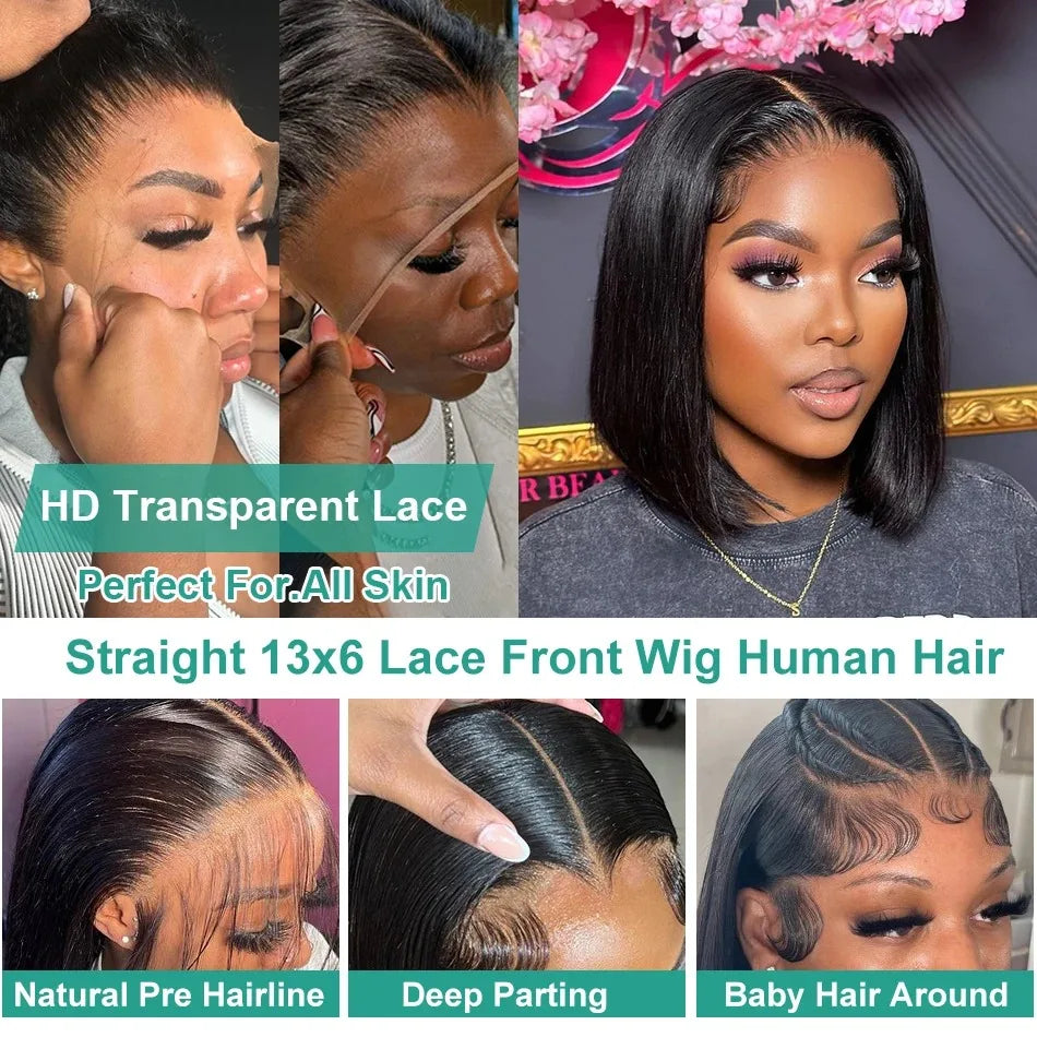 Perruque en dentelle HD lisse 13x6, cheveux humains, coupe au carré, fermeture 6x6, sans colle, 13x4, dentelle frontale pré-épilée, densité 200, pour femmes