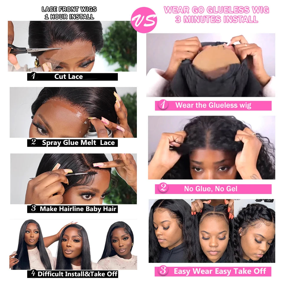 Perruques 100 % sans colle, cheveux humains, prêtes à porter, nœuds décolorés, 6x4, pré-découpées, HD transparentes, sans colle, crépues et bouclées