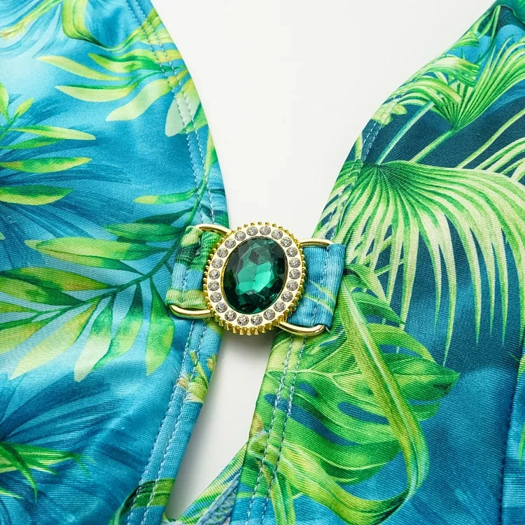 Maillot de bain une pièce à manches longues et jupe pour femme, imprimé vert jungle, 2025