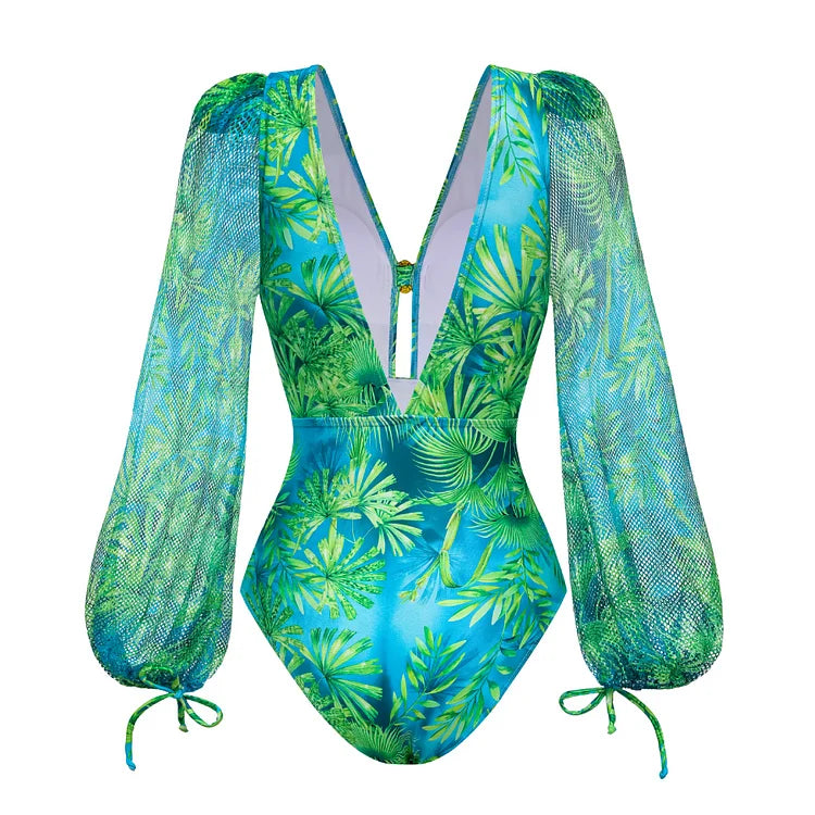 Maillot de bain une pièce à manches longues et jupe pour femme, imprimé vert jungle, 2025