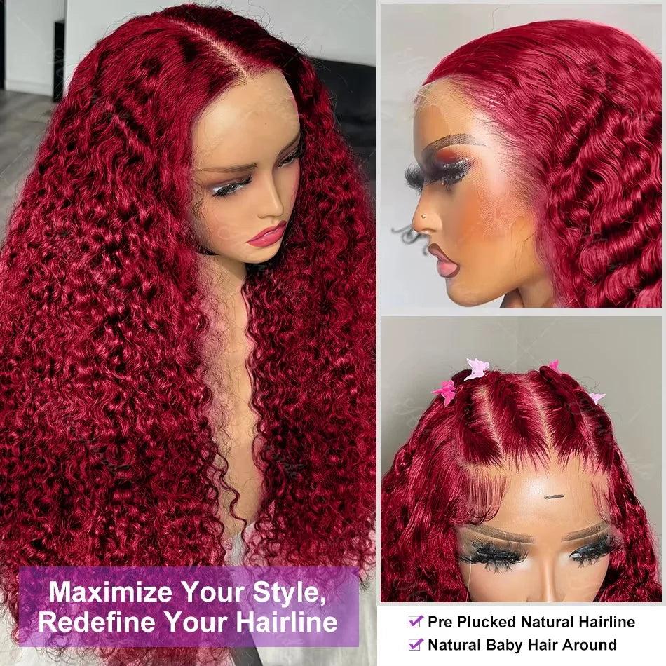 Perruques de cheveux humains bouclés bordeaux haute densité 13x6 HD, couleur bordeaux 99J, 76 cm, pour femmes