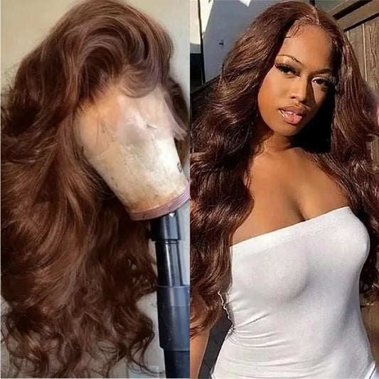 Perruque Body Wave marron chocolat 13x6 transparente avec dentelle frontale 200 % cheveux humains brésiliens pré-épilés pour femmes