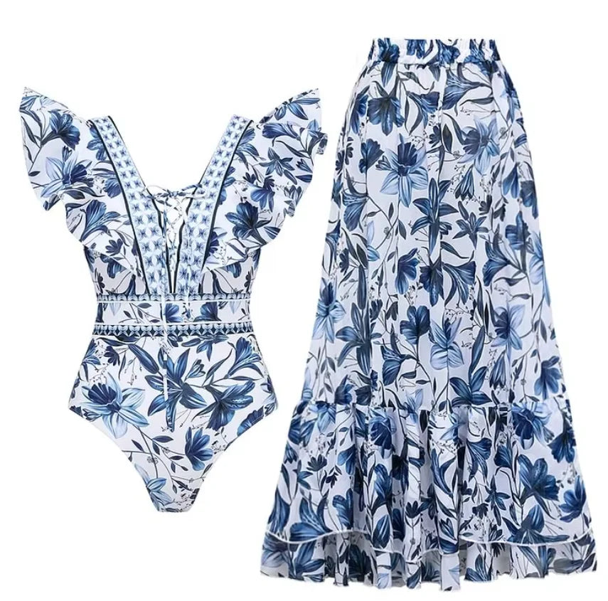Maillot de bain et paréo imprimé vintage Flaxmaker 2025 pour femmes, élégant, sans manches, pour l'été