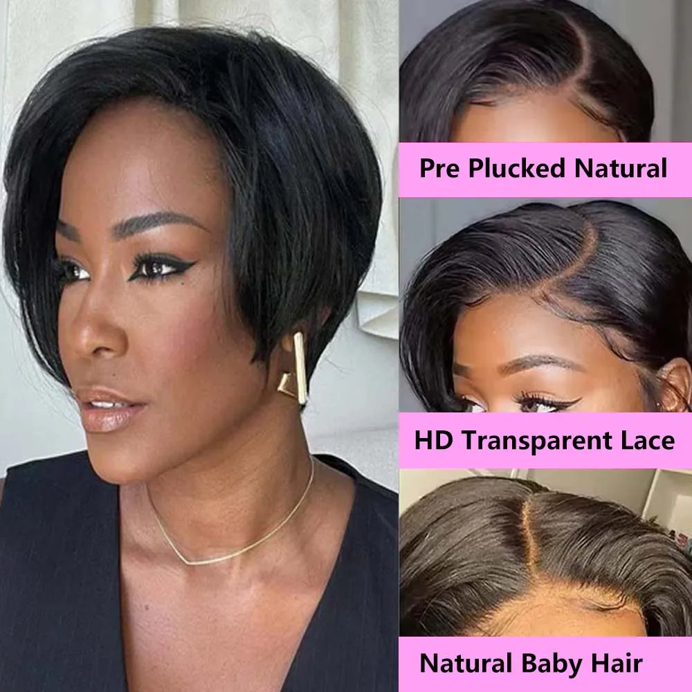 Perruque courte coupe Pixie naturelle, cheveux lisses, 13x4, avec lace front, pré-épilée, pour femmes noires