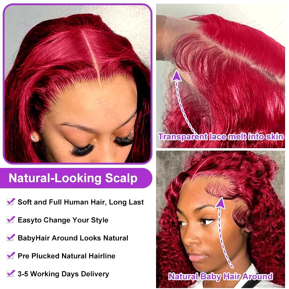 Perruques de cheveux humains bouclés bordeaux haute densité 13x6 HD, couleur bordeaux 99J, 76 cm, pour femmes