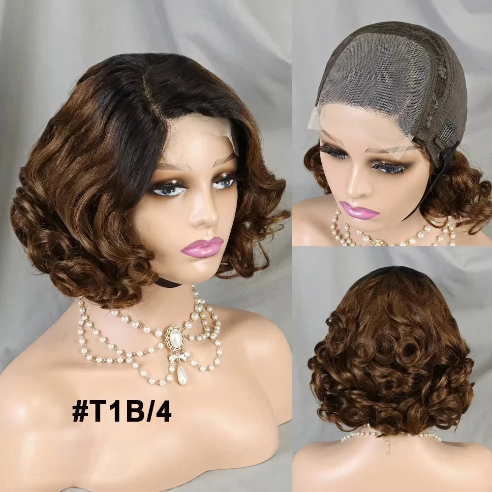 Perruques courtes ondulées en cheveux humains, coupe au carré, fermeture en dentelle 10x10, couleur naturelle, cheveux indiens Remy, pré-épilés, pour femmes