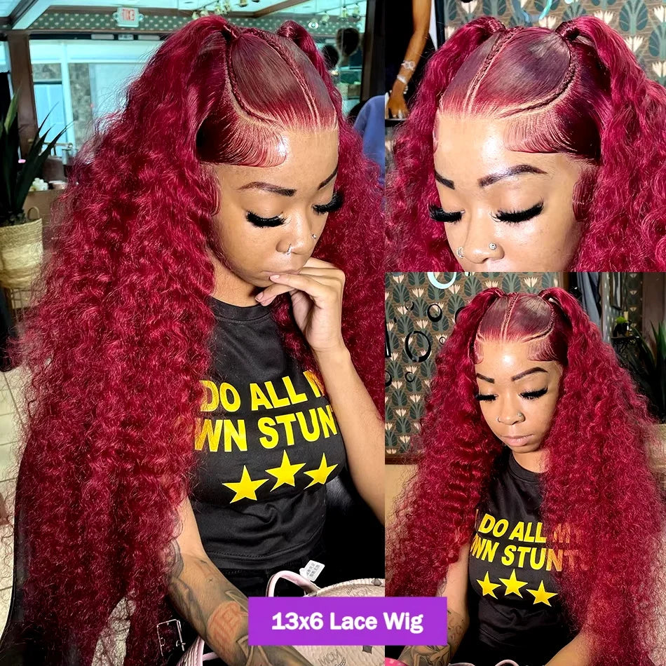 Perruques de cheveux humains bouclés bordeaux haute densité 13x6 HD, couleur bordeaux 99J, 76 cm, pour femmes