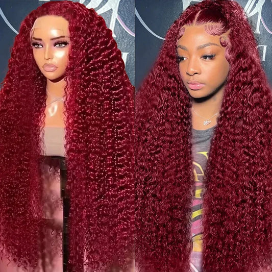 Perruques de cheveux humains bouclés bordeaux haute densité 13x6 HD, couleur bordeaux 99J, 76 cm, pour femmes