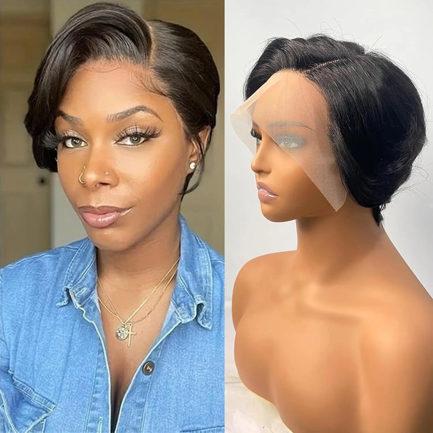 Perruque courte coupe Pixie naturelle, cheveux lisses, 13x4, avec lace front, pré-épilée, pour femmes noires