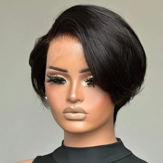 Perruque courte coupe Pixie naturelle, cheveux lisses, 13x4, avec lace front, pré-épilée, pour femmes noires