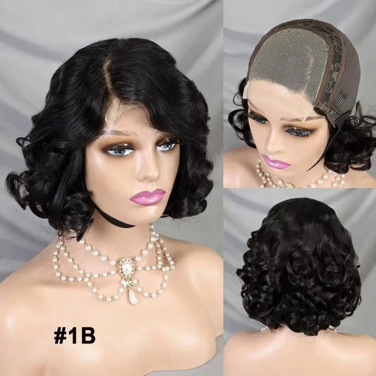 Perruques courtes ondulées en cheveux humains, coupe au carré, fermeture en dentelle 10x10, couleur naturelle, cheveux indiens Remy, pré-épilés, pour femmes