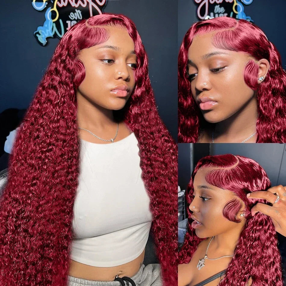 Perruques de cheveux humains bouclés bordeaux haute densité 13x6 HD, couleur bordeaux 99J, 76 cm, pour femmes
