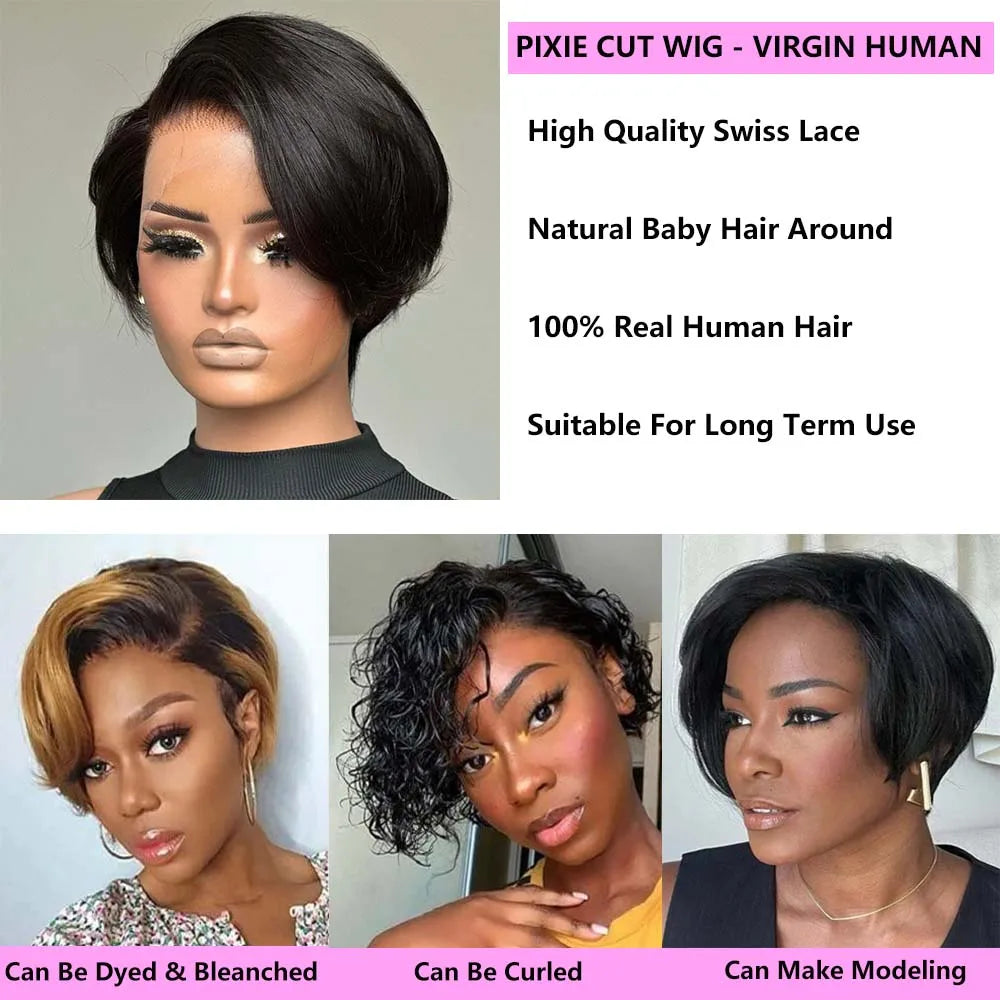 Perruque courte coupe Pixie naturelle, cheveux lisses, 13x4, avec lace front, pré-épilée, pour femmes noires