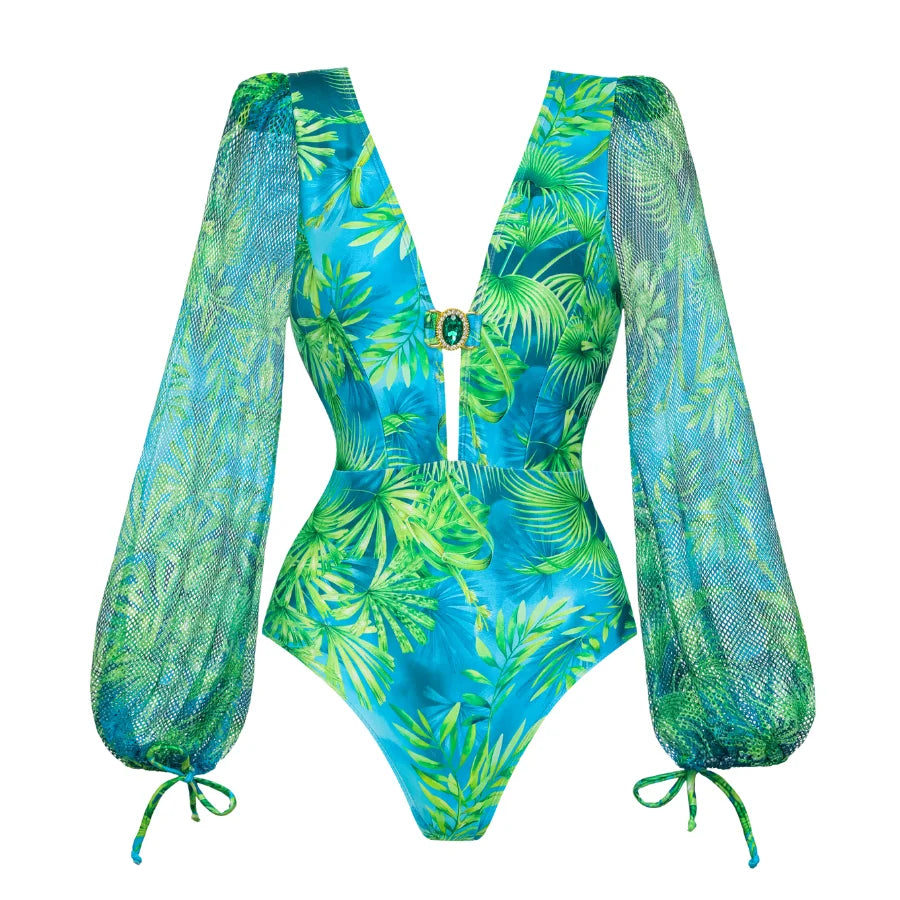 Maillot de bain une pièce à manches longues et jupe pour femme, imprimé vert jungle, 2025