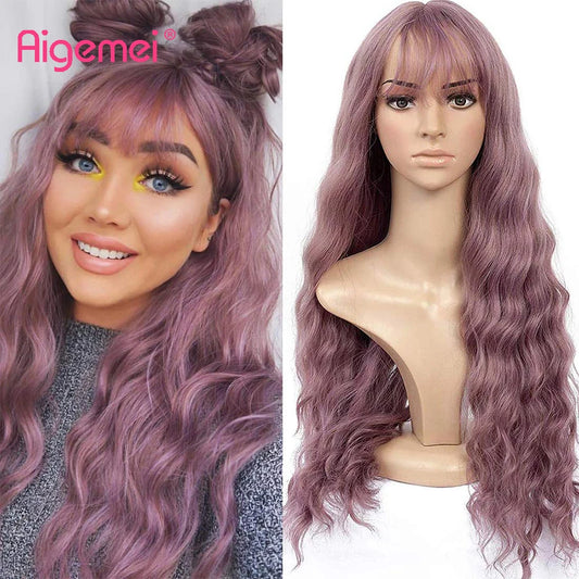 Aigemei – Perruques synthétiques longues avec frange, 66 cm, cheveux bouclés ondulés pour femme, fibre haute température, couleur noir et marron