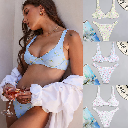 Maillot de bain fendu jaune à fleurs bikini