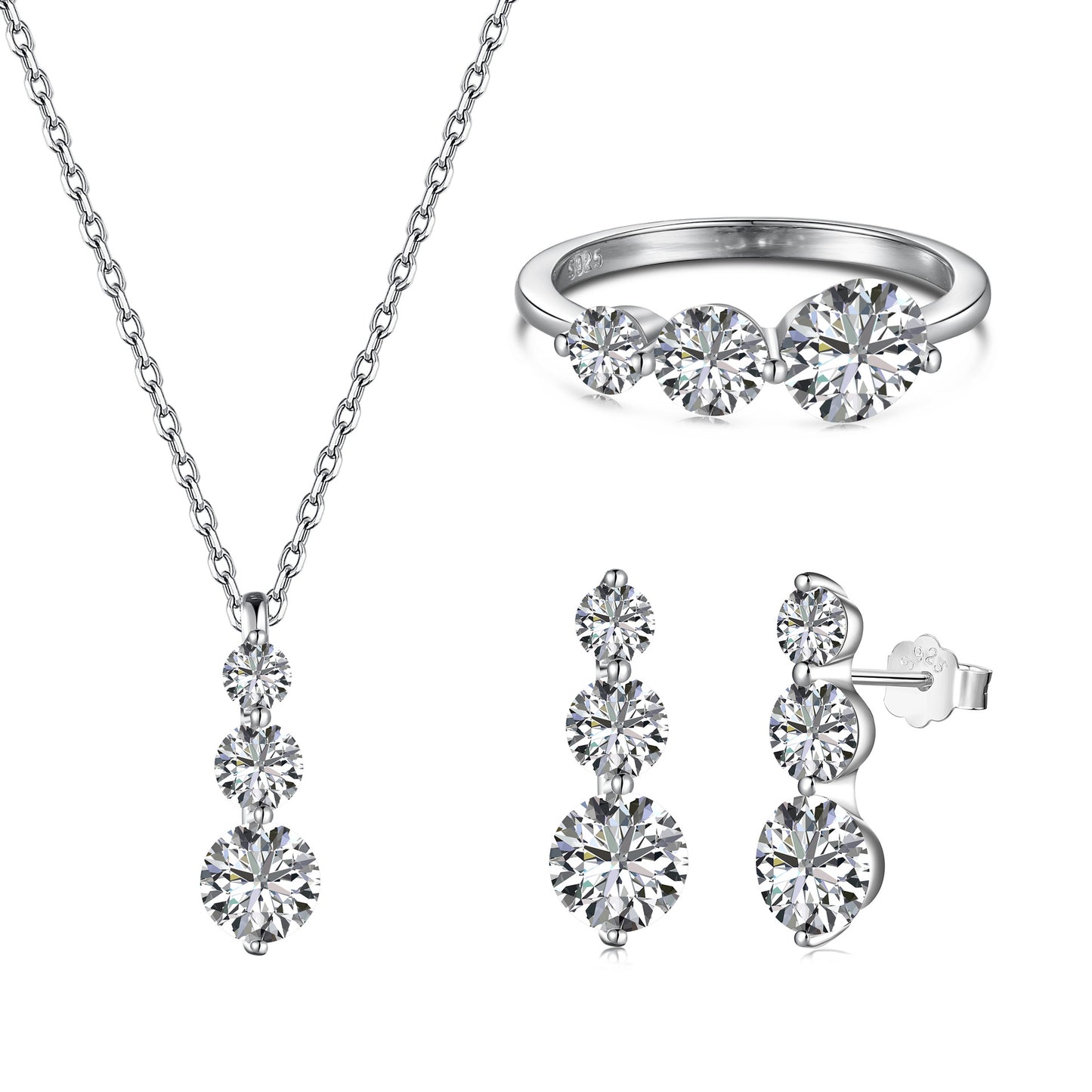 Ensemble collier et boucles d'oreilles en argent sterling S925 avec bague et zircon rond