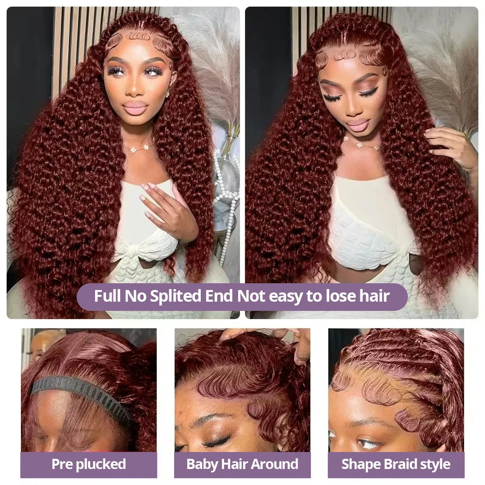 Perruque Lace Frontal Wig 220 % Deep Wave sans colle, cheveux humains bouclés, brun rougeâtre, 13x4, 7x5, pré-épilée, pré-coupée, pour femmes