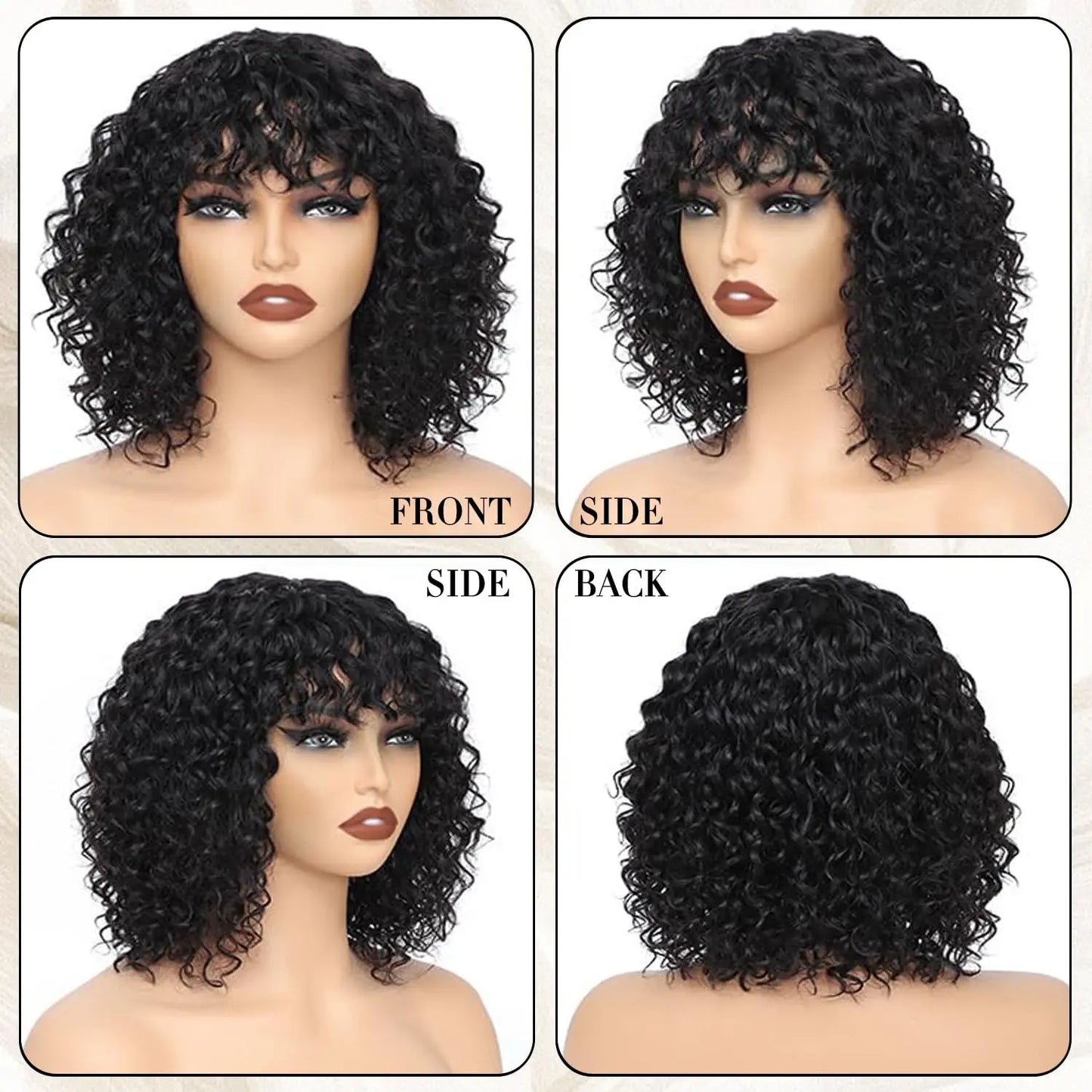 Perruques Bob brésiliennes Jerry Curl avec frange pour femmes noires, superbes perruques Remy noires foncées fabriquées à la machine à bas prix