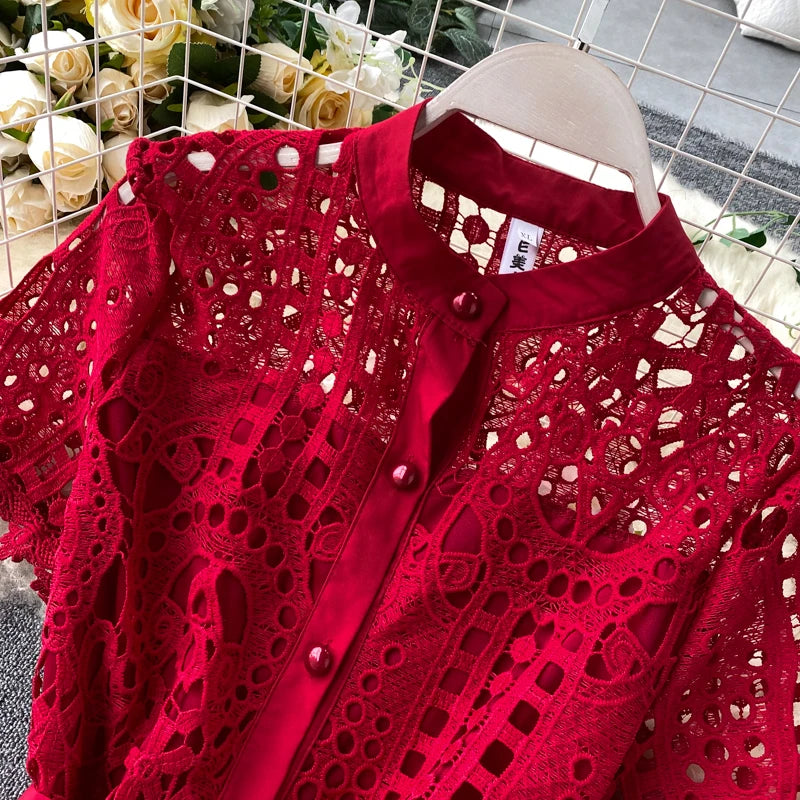 Robe vintage française en dentelle à col rond et manches courtes, style décontracté, à la mode, printemps/été