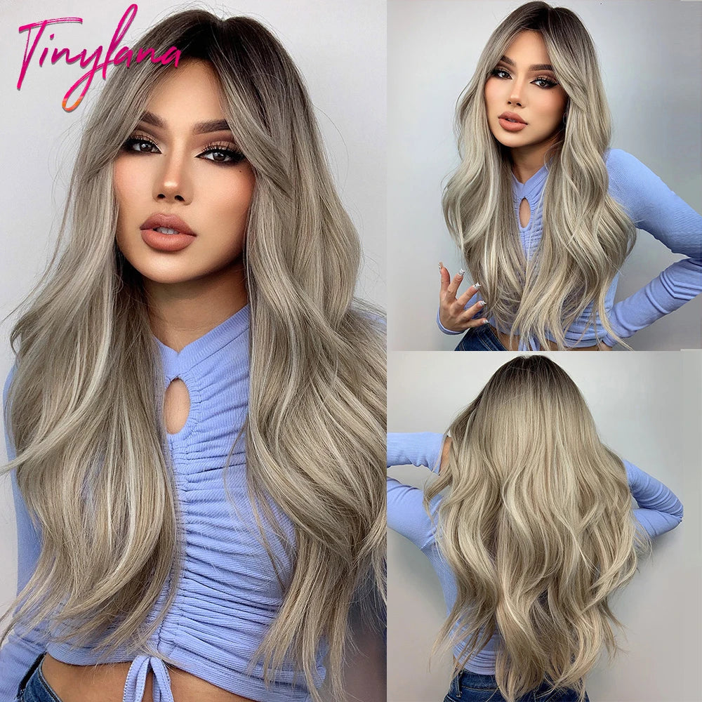 Perruques synthétiques longues bouclées gris cendré platine avec frange pour femmes, perruque afro ondulée profonde, perruque Lolita Cosplay, cheveux naturels résistants à la chaleur