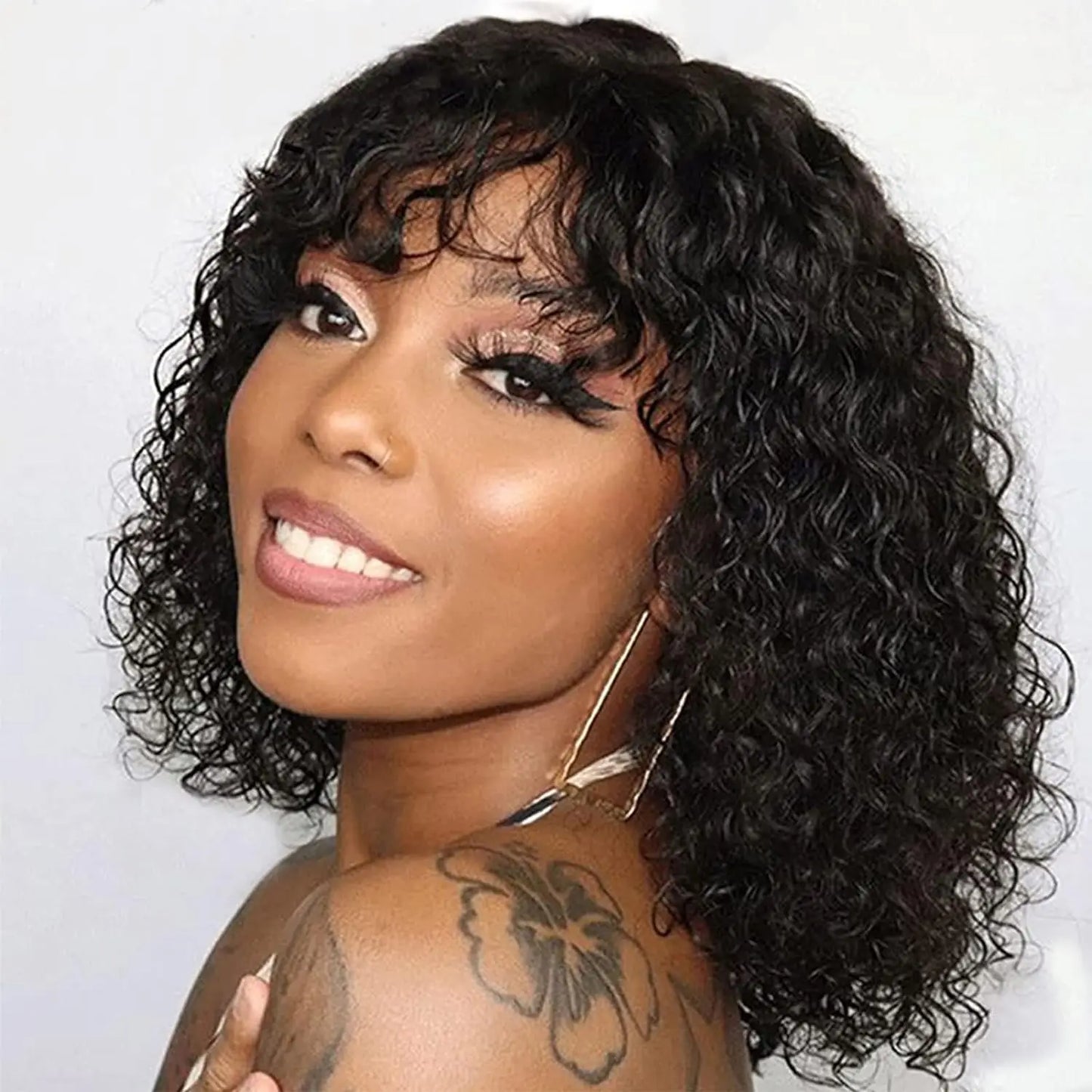 Perruques Bob brésiliennes Jerry Curl avec frange pour femmes noires, superbes perruques Remy noires foncées fabriquées à la machine à bas prix